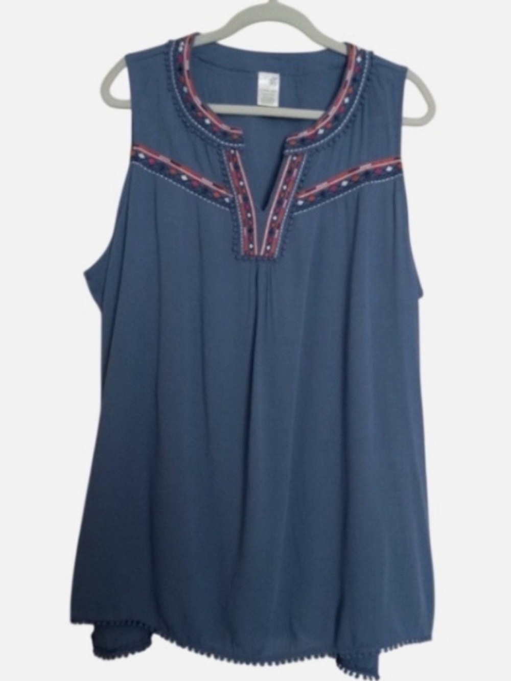Terra & Sky Blue Sleeveless Tank with Red Embroidered Trim